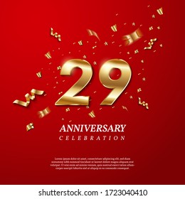 29th Anniversary celebration. Golden number 29 with sparkling confetti, stars, glitters and streamer ribbons on red background. Vector festive illustration. Birthday or wedding party event decoration