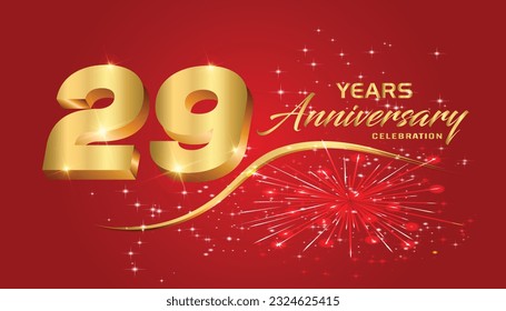 29th Anniversary fireworks and celebration background.Golden 3D lettering and a gold ribbon on dark red background,vector design for celebration, invitation card, and greeting card.