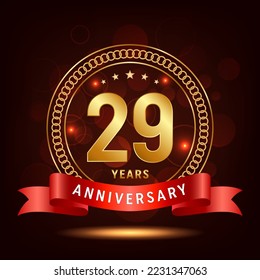 29th Anniversary Logo Design. Golden number 29 with sparkling confetti and ribbon, Vector Template Illustration