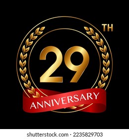 29° Aniversario. Diseño del logotipo del aniversario con Laurel Wreath y Red Ribbon para la celebración, Boda, Invitación, Tarjeta de felicitación. Ilustración del vector de logotipo