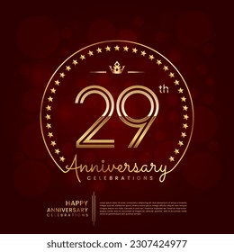 29th anniversary logo with double line number and golden text for birthday celebration event, invitation, banner poster, flyer, and greeting card, vector template