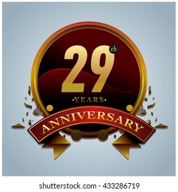 29th anniversary logo with gold circle badge. Anniversary signs illustration. Gold colors anniversary logo with circle ring