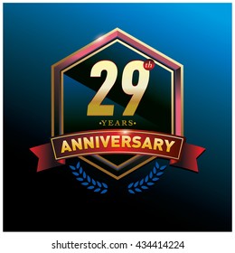 29th anniversary logo with gold ring and red ribbon. Anniversary signs illustration. Gold anniversary logo design and illustration