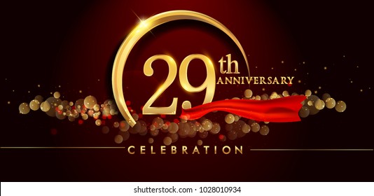 29th anniversary logo with golden ring, confetti and red ribbon isolated on elegant black background, sparkle, vector design for greeting card and invitation card