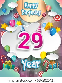 29th Birthday Celebration greeting card Design, with clouds and balloons. Vector elements for the celebration party of twenty nine years anniversary