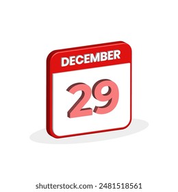 29th December calendar 3D icon. 3D December 29 calendar Date, Month icon vector illustrator