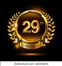 29th gold anniversary celebration logo with ring and ribbon, laurel wreath design