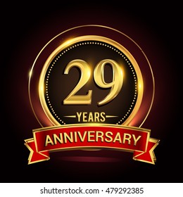 29th golden anniversary logo with ring and red ribbon. Vector design template elements for your birthday celebration.