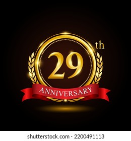 29th golden anniversary template design, with shiny ring and red ribbon, laurel wreath isolated on black background, logo vector