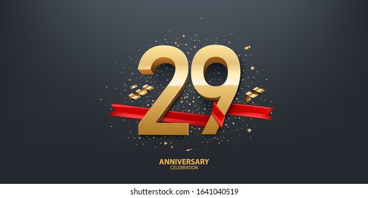 29th Year anniversary celebration background. 3D Golden number wrapped with red ribbon and confetti on black background.
