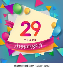 29th Years Anniversary Celebration Design, balloons and ribbon, Colorful design elements for banner, invitation, greeting card your twenty nine birthday celebration party.
