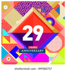 29th years greeting card anniversary with colorful number and frame. logo and icon with Memphis style cover and design template