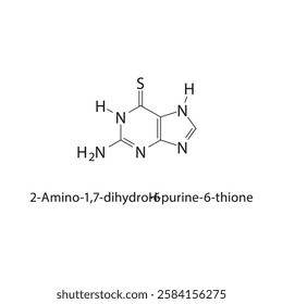 2-Amino-1,7-dihydro-6Hpurine-6-thione skeletal structure.Purine derivative compound schematic illustration. Simple diagram, chemical structure.