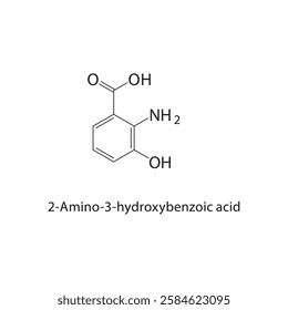 2-Amino-3-hydroxybenzoic acid skeletal structure.Aminobenzoic acid derivative compound schematic illustration. Simple diagram, chemical structure.