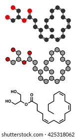 2-Arachidonoylglycerol (2-AG) endocannabinoid neurotransmitter molecule. Stylized 2D renderings and conventional skeletal formula.
