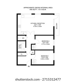 Planta de piso plano de 2 quartos 656 SQ.FT. - 61,0 M2