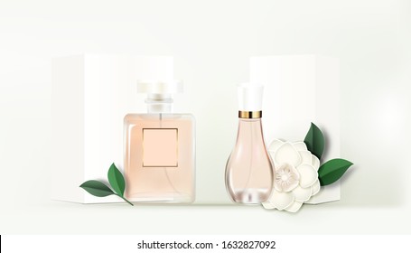 2bottles Of Perfume With White Box And Gardenia Or White Flowers And Leaf- Flower Paper Cut Banner-Vector Illustration