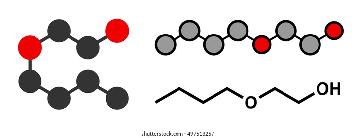 2-butoxyethanol molecule. Stylized 2D renderings and conventional skeletal formula. Used as solvent and surfactant.
