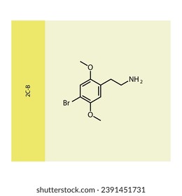 2C-B molecular structure, skeletal formula diagram on yellow background. Scientific EPS10 vector illustration.