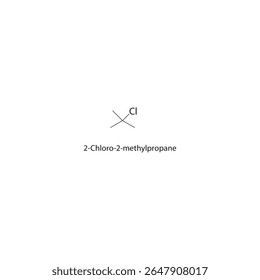 Estrutura esquelética de 2-cloro-2-metilpropano Ilustração esquemática do composto de haloalcano. Diagrama simples, fórmula química.