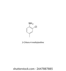 2-Cloro-4-metilanilina estrutura esquelética. Ilustração esquemática do composto amina aromático. Diagrama simples, fórmula química.