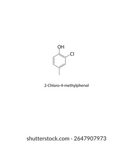 Estrutura esquelética de 2-cloro-4-metilfenol Ilustração esquemática do composto de fenol halogenado. Diagrama simples, fórmula química.