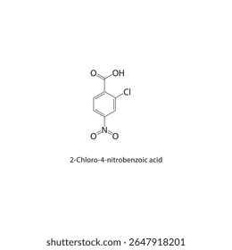 Estrutura esquelética do ácido 2-cloro-4-nitrobenzóico Ilustração esquemática do composto de ácido nitrobenzoico halogenado. Diagrama simples, fórmula química.
