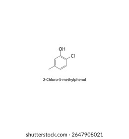 Estrutura esquelética de 2-cloro-5-metilfenol Ilustração esquemática do composto de fenol halogenado. Diagrama simples, fórmula química.
