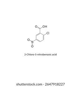 Estrutura esquelética do ácido 2-cloro-5-nitrobenzóico Ilustração esquemática do composto de ácido nitrobenzoico halogenado. Diagrama simples, fórmula química.