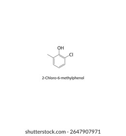Estrutura esquelética de 2-cloro-6-metilfenol Ilustração esquemática do composto de fenol halogenado. Diagrama simples, fórmula química.