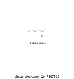 Estrutura esquelética de 2-cloro-hexano Ilustração esquemática do composto de haloalcano. Diagrama simples, fórmula química.