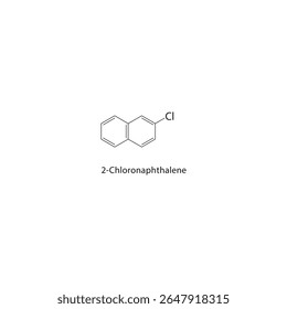 2-Cloronaftaleno estrutura esquelética. Ilustração esquemática do composto aromático policíclico halogenado. Diagrama simples, fórmula química.