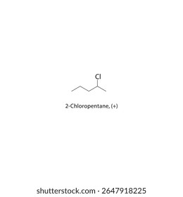 2-Cloropentano, (+) estrutura esquelética. Ilustração esquemática do composto de haloalcano. Diagrama simples, fórmula química.