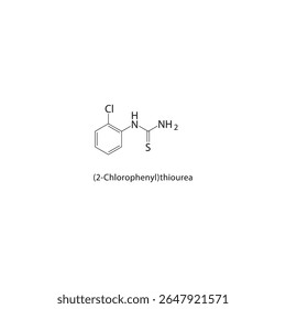 (2-Clorofenil)tioureia estrutura esquelética. Ilustração esquemática do composto de ariltioureia halogenado. Diagrama simples, fórmula química.