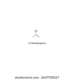 2-Cloropropeno estrutura esquelética. Ilustração esquemática do composto alquênico halogenado. Diagrama simples, fórmula química.