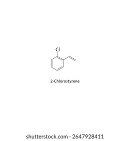 Estrutura esquelética de 2-cloroestireno. Ilustração esquemática do composto de vinilbenzeno halogenado. Diagrama simples, fórmula química.