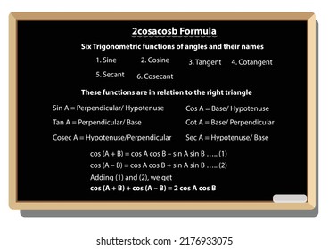 2cosacosb Formula. math's. on black school board vector background. mathematical formula equation. 