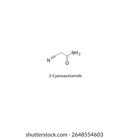 2-Cianoacetamida estrutura esquelética. Ilustração esquemática do composto derivado de nitrilo. Diagrama simples, fórmula química.