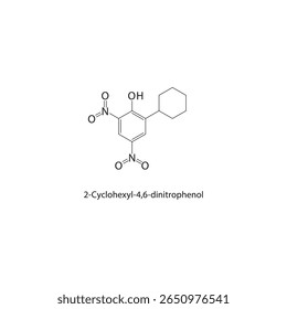 2-Cyclohexyl-4,6-dinitrophenol skeletal structure. Nitro phenol compound schematic illustration. Simple diagram, chemical formula.