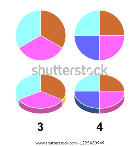 2D 3 D Fraction pie. Fractions for website presentation cover poster  flat outline icon   isolated on white background. illustration 
