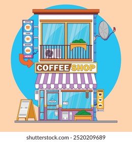 2d and 3d coffee shop illustration with decorative objects