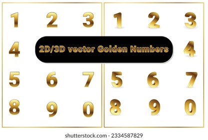 2D 3D golden numbers, 2D 3D vector golden numbers, Birthday golden numbers, Vector decorative design elements, Gold yellow metallic letter, 3D realistic vector illustration
