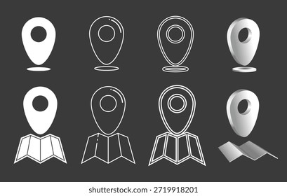 Iconos de ubicación 2D y 3D en diferentes Formas sobre fondo oscuro, Ilustración vectorial.