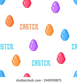 2d 8 bit pixel art Easter seamless pattern with painted orange, red, blue, violet  eggs on white background. 
