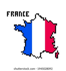2d 8 bit pixel art France map covered with flag isolated on white background. Old school vintage retro 80s, 90s platform computer, video game graphics.Slot machine design element.Country geography.
