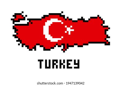 2d 8-Bit-Pixelart Türkei Karte mit Fahne einzeln auf weißem Hintergrund. Old School Vintage Retro 80s, 90er-Plattform-Computer, Videospiel-Grafik.Slot Maschine Design Element.Land Geografie.