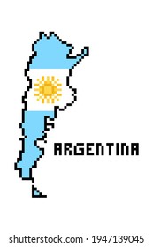 2d 8 bit pixel art Argentina map with flag isolated on white. Old school vintage retro 80s, 90s platform computer, video game graphics.Slot machine design element. South America country geography.