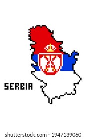 2d arte de 8 píxeles de píxel de Serbia mapa cubierto con bandera aislada en fondo blanco. Antiguo colegio vintage retro 80s, 90s computadora de plataforma, gráficos de videojuegos.Elemento de diseño de máquina de ranura.Geografía del país.