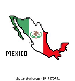 2d 8 bit pixel art Mexico map covered with flag isolated on white background. Old school vintage retro 80s, 90s platform computer, video game graphics. Slot machine design element. Country geography.