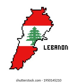 2d Mapa del Líbano de 8 bits de píxel cubierto con bandera aislado en fondo blanco. Antiguo colegio vintage retro 80, computadora de plataforma de los 90, gráficos de videojuegos. Elemento de diseño de máquina de ranura. Geografía del país.